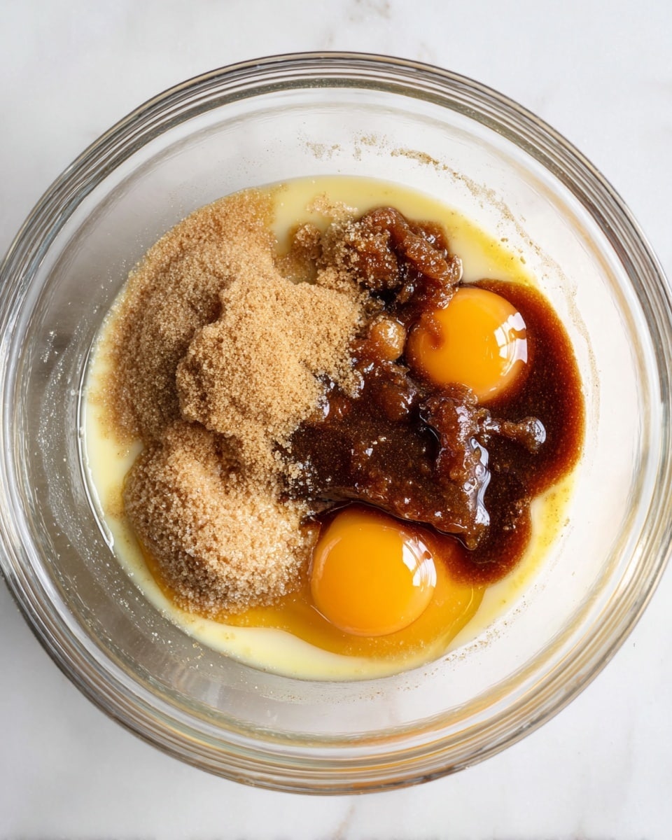 A clear glass bowl sits on a white marbled surface, containing layers of ingredients that have not yet been mixed. There are two raw eggs with bright orange yolks resting near the center, surrounded by melted yellow butter that forms a shiny layer around the edges. On top of the butter and eggs, there is a pile of light to dark brown sugar and a thick, dark brown liquid, likely vanilla or syrup, pooling among the other ingredients. The textures range from smooth and creamy (butter and eggs) to granular (brown sugar) and syrupy (dark liquid). The glass bowl shows the ingredients clearly from the top view. photo taken with an iphone --ar 4:5 --v 7