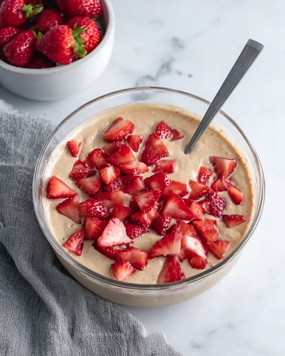 A clear glass bowl filled with a thick, beige mixture that looks smooth and creamy. On top, there are many bright red strawberry pieces spread evenly. A silver spoon is placed inside the bowl, resting with its handle sticking out at an angle. The bowl sits on a white marbled surface with a folded grey cloth nearby. In the top left corner, a white bowl holds whole strawberries and some cream. Photo taken with an iphone --ar 4:5 --v 7