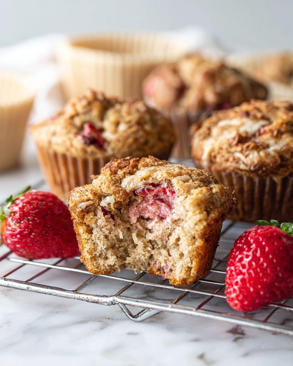 The image shows several baked muffins with a golden brown, rough-textured crust placed on a shiny silver wire rack, all set on a white marbled surface. One muffin in the front has a bite taken out, revealing a moist, soft inside with visible pinkish-red strawberry pieces and creamy swirls inside, contrasting with the beige crumbly texture. Behind them, there is one whole bright red strawberry and some light beige baking cups scattered around, adding depth and color balance to the arrangement. photo taken with an iphone --ar 4:5 --v 7
