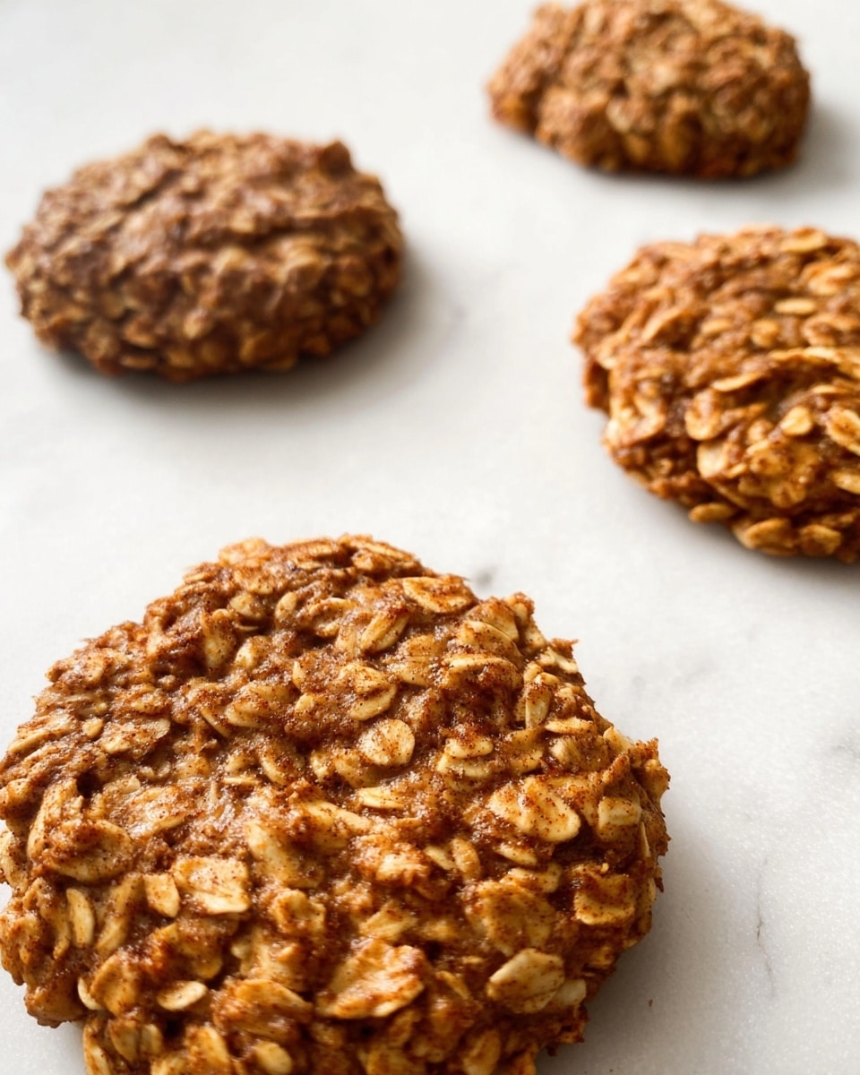 Four round oatmeal cookies are shown on a white marbled surface. Each cookie has a rough texture made of whole oats and small bits that look like cinnamon or spices, giving them a warm brown color with lighter oat flakes visible throughout. The cookies are spaced apart with one close up in the bottom foreground and the other three placed further back and out of focus, making the close cookie the main focus. The lighting is soft, enhancing the natural color and texture of the oats. Photo taken with an iphone --ar 4:5 --v 7