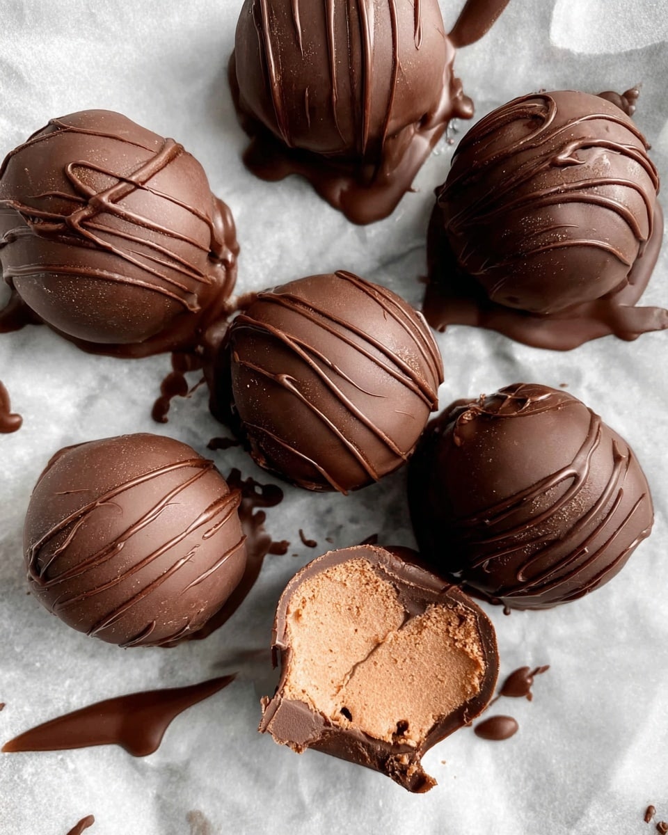 Seven round chocolate balls sit on white marbled paper. Each ball is smooth and shiny with a dark brown chocolate coating and a drizzle of chocolate lines on top for texture. One of the balls is cut in half, showing a creamy light brown inside layer, while the outside is thicker dark chocolate. Some dripped chocolate surrounds the balls, adding a glossy and messy look. photo taken with an iphone --ar 4:5 --v 7
