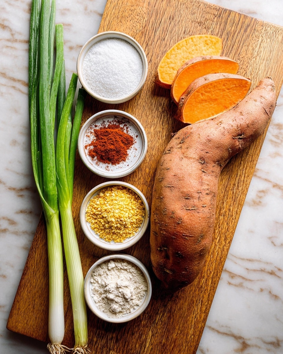 A wooden board with three small white bowls placed vertically on the left side, each containing different ingredients: the top bowl has white salt, brown powder, and red powder, the middle bowl holds yellow flakes, and the bottom bowl contains white flour-like powder. To the right of the bowls, there is a large sweet potato with four pieces, three slices stacked and one half on top. Next to the sweet potato, three long green onions with white bases and green tops lie flat on the board. The background is a white marbled texture. photo taken with an iphone --ar 4:5 --v 7