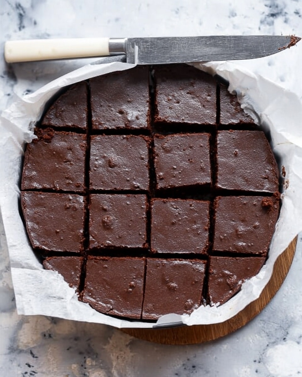 A round chocolate dessert with a dark brown color and a smooth, slightly shiny surface is shown. It is cut into 12 square pieces, arranged in 3 rows and 4 columns, sitting on a white parchment paper inside a round pan. The edges of the dessert are even, and some small spots and cracks are visible on the top. A silver knife with a white handle rests on the white marbled surface next to the pan. photo taken with an iphone --ar 4:5 --v 7