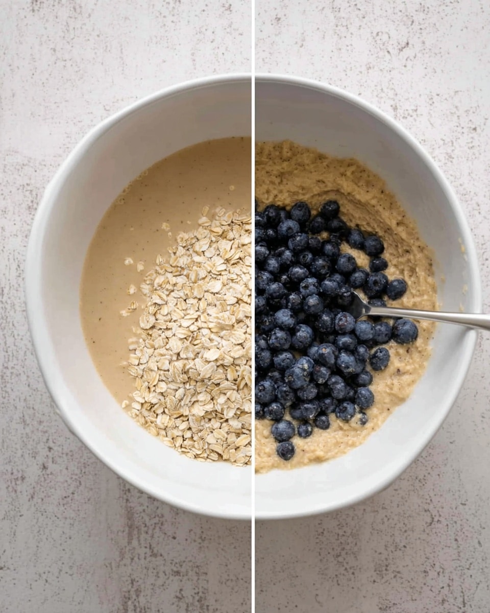 A white bowl sits on a white marbled surface, filled halfway with a smooth beige batter. On one side, a pile of light tan rolled oats rests on top of the batter, creating a clear texture contrast. In the next image, the same white bowl now holds a thicker, mixed batter with a rough beige texture, and a heap of fresh dark blue blueberries piled on one side. A silver spoon is partially submerged in the batter near the blueberries. photo taken with an iphone --ar 4:5 --v 7