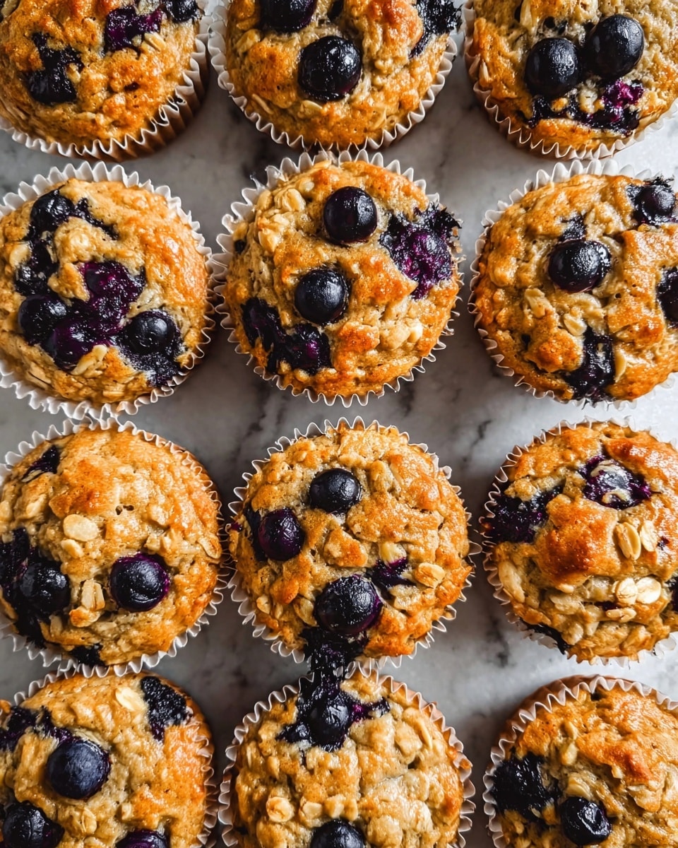 The image shows twelve golden brown muffins arranged in a grid on a white marbled surface. Each muffin is in a white paper cup, with a textured top that is slightly cracked and uneven. Dark blueberries are scattered throughout each muffin, some whole and some slightly pressed into the top, creating a contrast of deep purple against the warm golden color. The muffins have a soft, moist appearance with bits of oats or nuts visible on the surface, adding extra texture. photo taken with an iphone --ar 4:5 --v 7