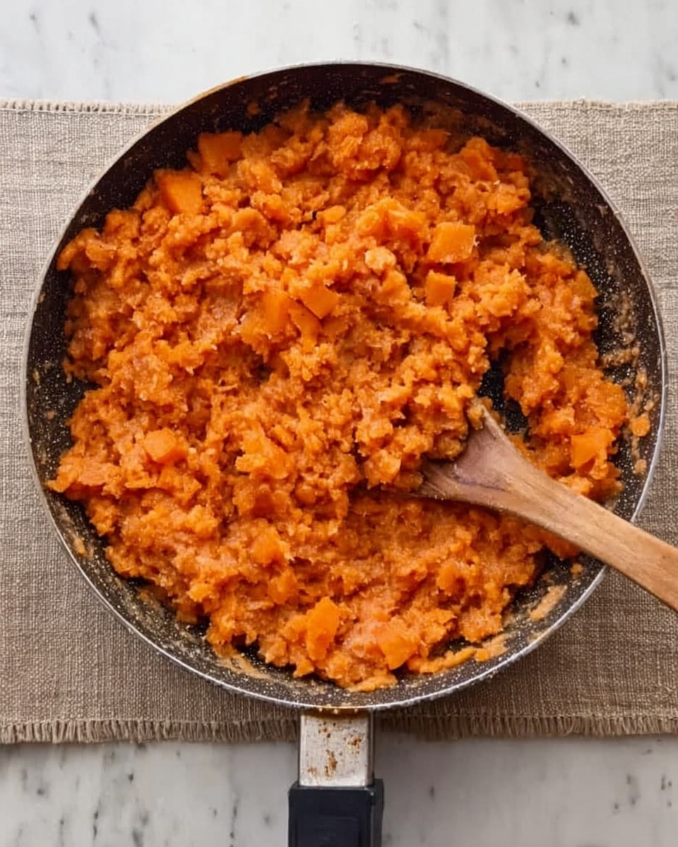 A frying pan filled with a thick mixture of mashed orange and light brown pieces, showing cooked small chunks evenly spread across the pan. A wooden spoon is placed inside the pan, its handle pointing outward. The pan sits on a white marbled surface with a neutral cloth beneath it. The overall texture looks soft and dense with no clear layers, only the mixed ingredients. photo taken with an iphone --ar 4:5 --v 7