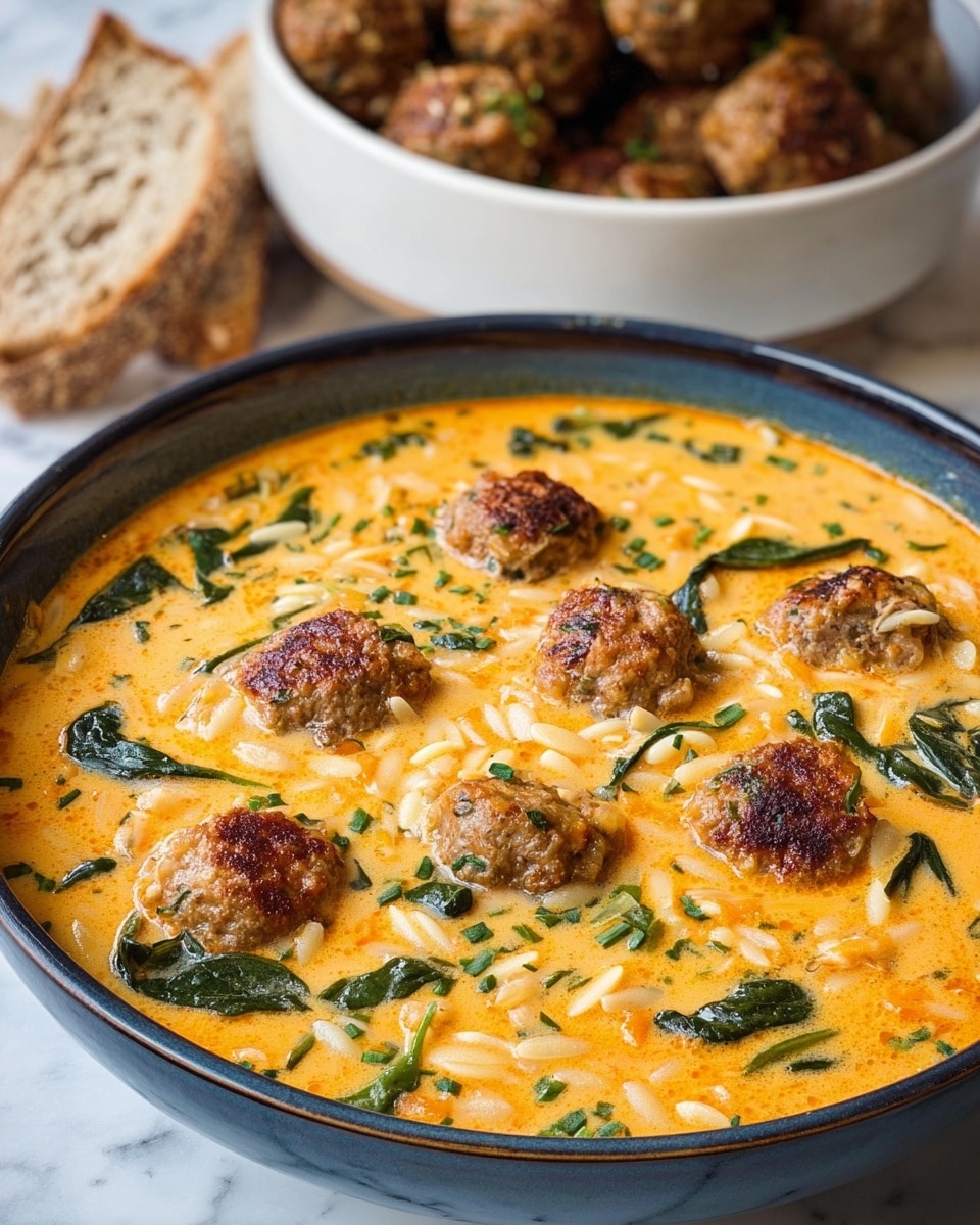 A deep bowl filled with a creamy orange soup that shows several browned meatballs floating on the surface with dark green spinach leaves scattered throughout. Small pieces of orzo pasta and light orange vegetable bits are visible, mixed in the thick soup. Around the bowl, there are pieces of bread with a rough, textured crust. In the background, there is a white bowl holding more browned meatballs, all set on a white marbled surface. photo taken with an iphone --ar 4:5 --v 7
