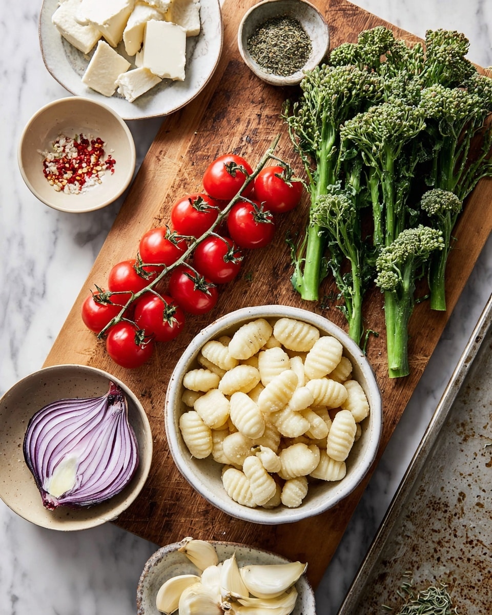 The image shows a wooden board on a white marbled surface with various fresh ingredients. On the right side of the board is a white bowl filled with white gnocchi that have ridged textures and soft shapes. Above the gnocchi, green broccoli stems and small florets are laid out, next to a group of bright red cherry tomatoes still attached to their vine, adding a vibrant color contrast. To the left of the tomatoes is a beige bowl with soft white cheese chunks. Below the cheese, there is a half purple onion with distinct layers. Near the top of the image, on the white marbled surface, a small white plate holds sliced garlic cloves, crushed red pepper flakes, and dried herbs in a small bowl. A metal baking tray with some oil spots is visible on the right edge. photo taken with an iphone --ar 4:5 --v 7