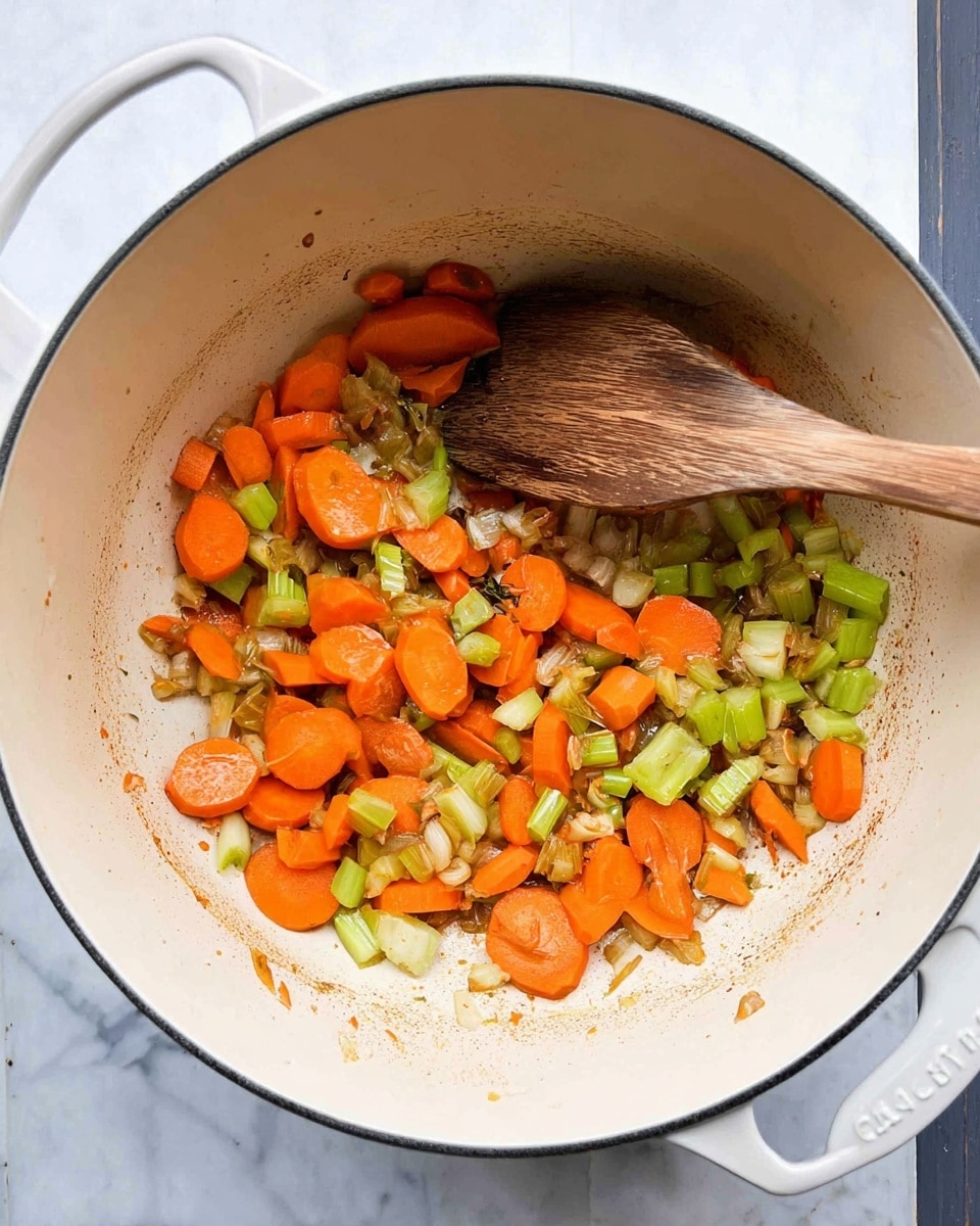 Inside a large white pot, there are three main layers of cooked vegetables spread unevenly on one side: bright orange carrot slices with a soft texture, pale green celery pieces with a slight crunch, and small bits of translucent onion. A wooden spatula rests inside the pot, touching some of the vegetables, showing light brown stains from cooking. The pot sits on a white marbled surface, and the contrast of colors in the pot highlights the fresh, cooked ingredients. photo taken with an iphone --ar 4:5 --v 7