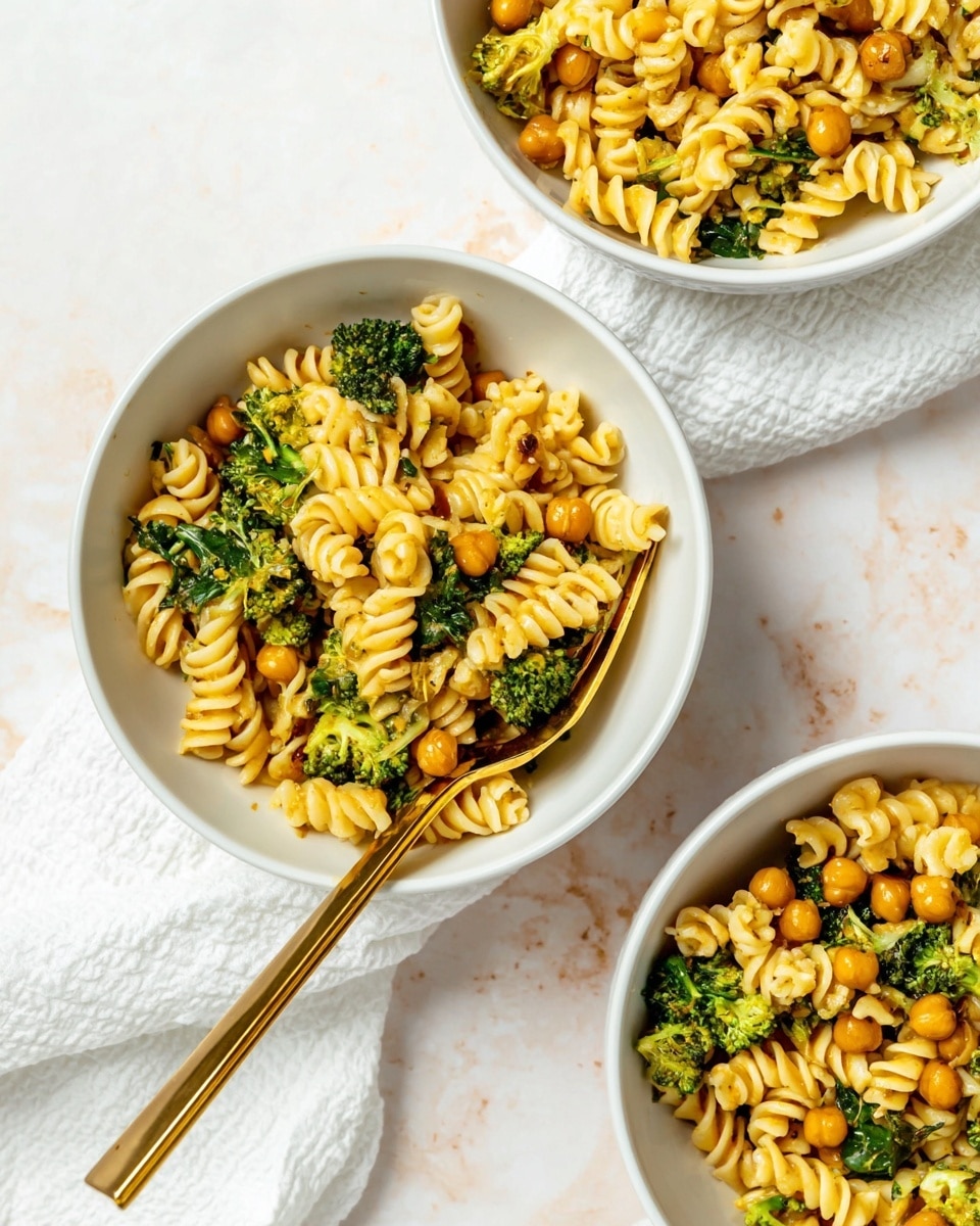 Three white bowls each filled with spiral pasta mixed with green broccoli florets and golden brown chickpeas, showing a mix of smooth and slightly rough textures. The pasta is light yellow, with the broccoli adding vibrant green spots, and the chickpeas round and shiny in golden brown, all evenly spread in the bowls. One bowl in the front has a gold fork placed inside it, leaning on the side, adding a metallic shine. The bowls rest on a white marbled surface with subtle beige and light brown specks, and a white textured cloth underneath one bowl adds softness to the scene. Photo taken with an iphone --ar 4:5 --v 7