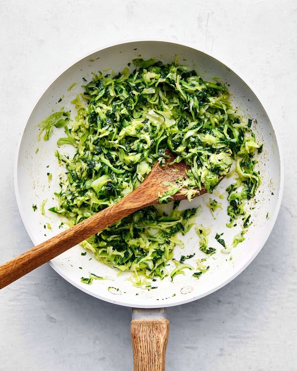 A white pan with a wooden handle holds a mix of cooked green shredded vegetables, mostly spread along the edges and center with some sticking to the pan's side. A wooden spoon rests inside, covered with the same green vegetable mix, showing thin curled strips and soft greens. The pan sits on a white marbled surface, clean except for small bits of the vegetable mix. photo taken with an iphone --ar 4:5 --v 7
