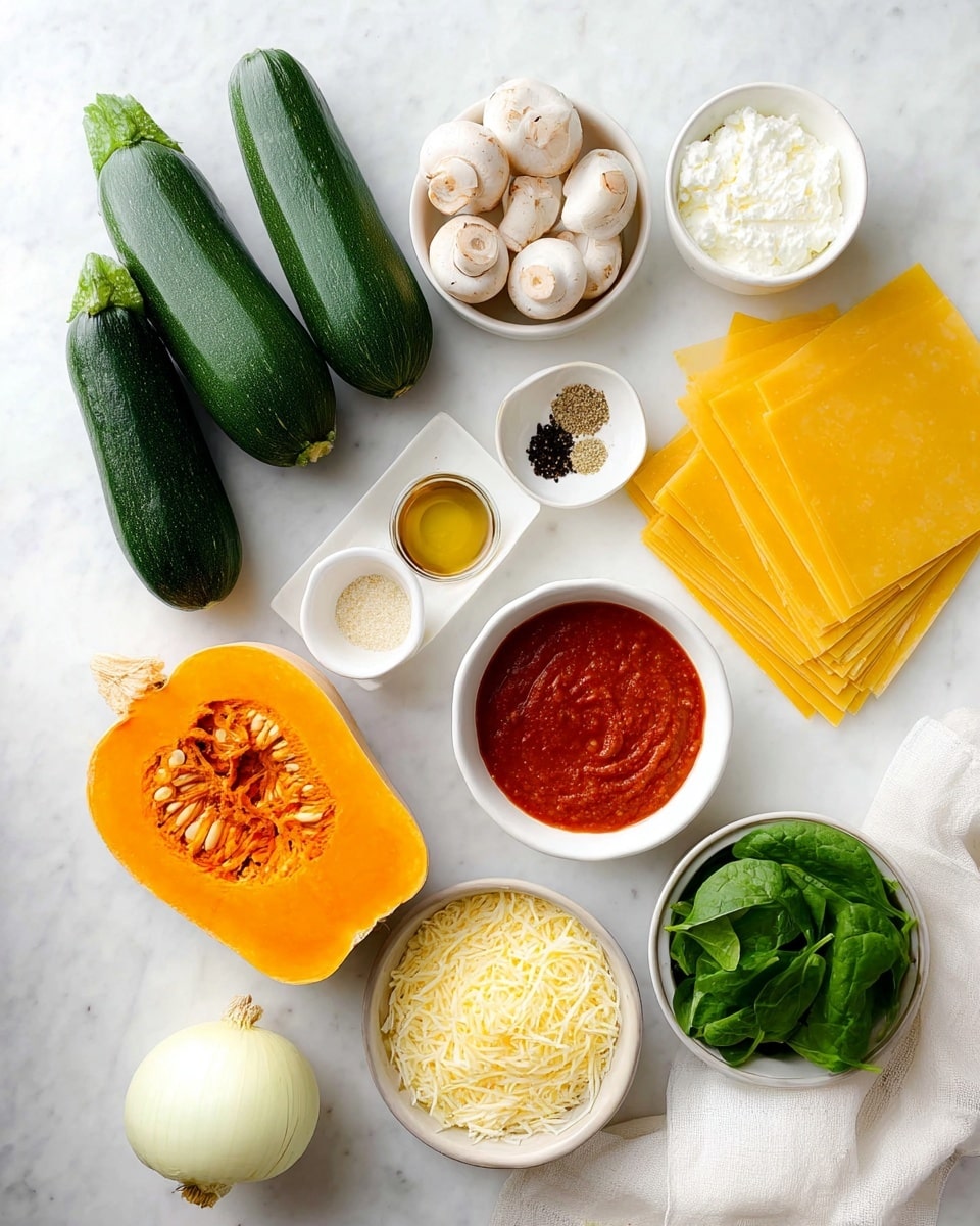The image shows a white marbled surface with fresh cooking ingredients neatly arranged. On the left, there are three whole green zucchinis and a group of small white mushrooms. Below them is a bright orange half of a butternut squash showing seeds inside. Small white bowls line the top with coarse salt, black pepper, and minced garlic. There are also bowls with olive oil, thick red tomato sauce, soft white ricotta cheese, grated yellow cheese, and fresh green spinach leaves in a white bowl. To the right, there are sheets of uncooked yellow lasagna pasta stacked neatly and a single whole white onion. A white cloth is lightly draped on the bottom right corner. Photo taken with an iphone --ar 4:5 --v 7