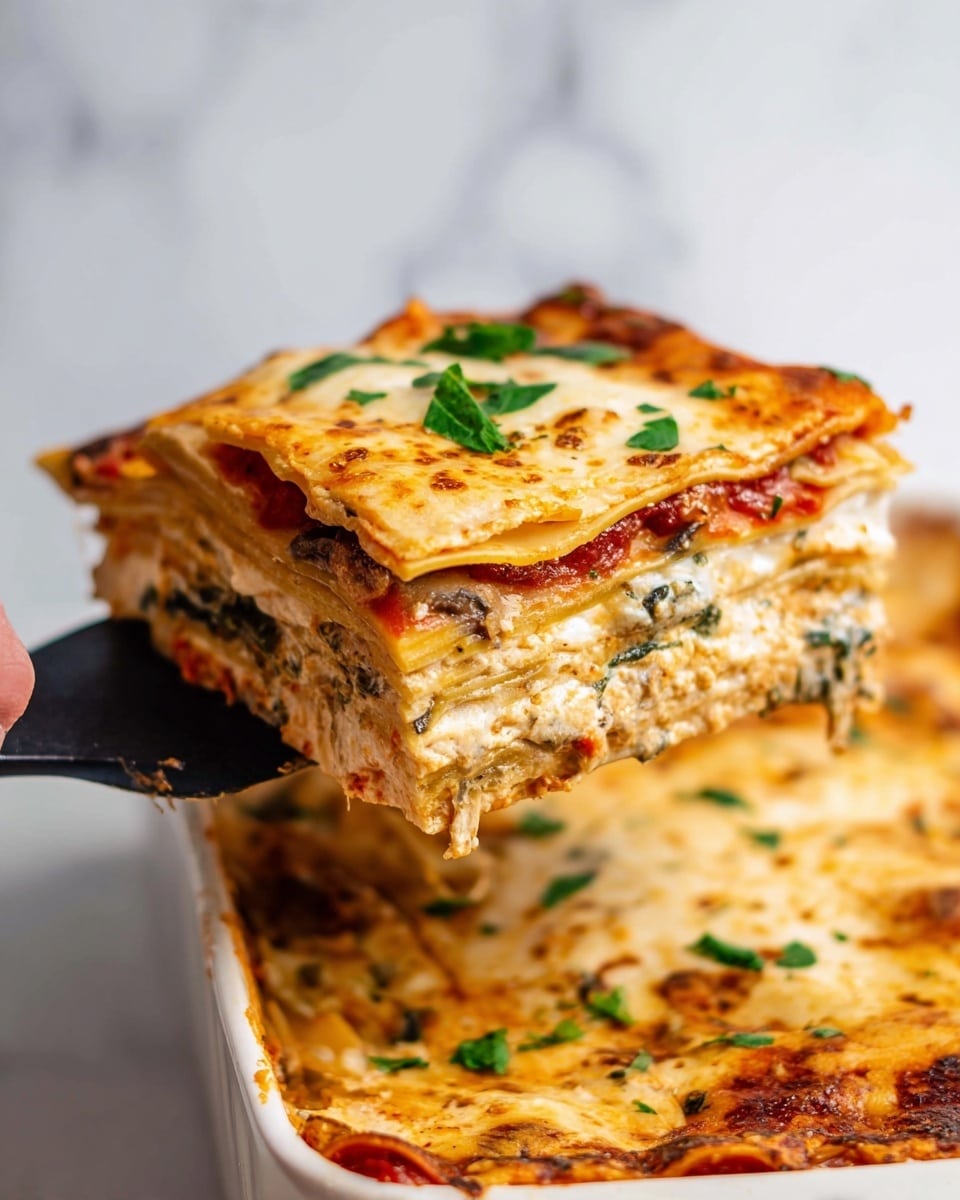 A close-up image shows a square piece of lasagna being lifted from a white baking dish with a black spatula held by a woman's hand. The lasagna has several visible layers: a golden-brown top layer of melted cheese with small green herb leaves scattered on it, followed by a creamy white cheese and spinach layer, a thin layer of red tomato sauce, more lasagna pasta sheets, and mixed vegetables or mushrooms between the layers. The edges of the lasagna are slightly browned and bubbly, and the background is a white marbled texture. Photo taken with an iphone --ar 4:5 --v 7