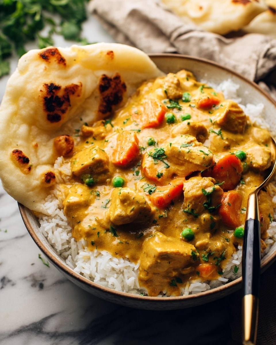 A bowl with white rice at the bottom layer, topped with a thick yellow curry sauce filled with chunks of chicken, orange carrot slices, green peas, and some green herbs sprinkled on top. On one side of the bowl, there is a piece of naan bread with browned spots resting partly in the curry. A spoon with a gold and black handle is placed inside the bowl, resting on the rice layer. The bowl is set on a white marbled surface with some green herbs blurred in the background. Photo taken with an iphone --ar 4:5 --v 7