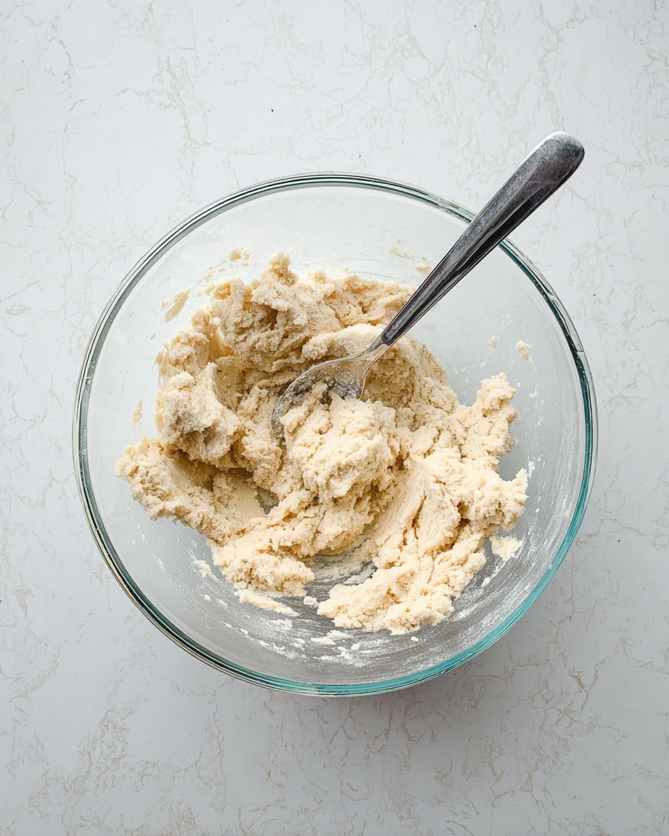 A clear glass bowl placed on a white marbled textured surface holds a rough dough mixture that is pale beige in color. The dough is clumpy and unevenly mixed, with some parts sticking to the side of the bowl. A silver spoon with a shiny finish is partially buried in the dough, with bits of dough sticking to it. The scene shows a close-up from above, highlighting the texture of the dough and the smooth glass of the bowl. photo taken with an iphone --ar 4:5 --v 7
