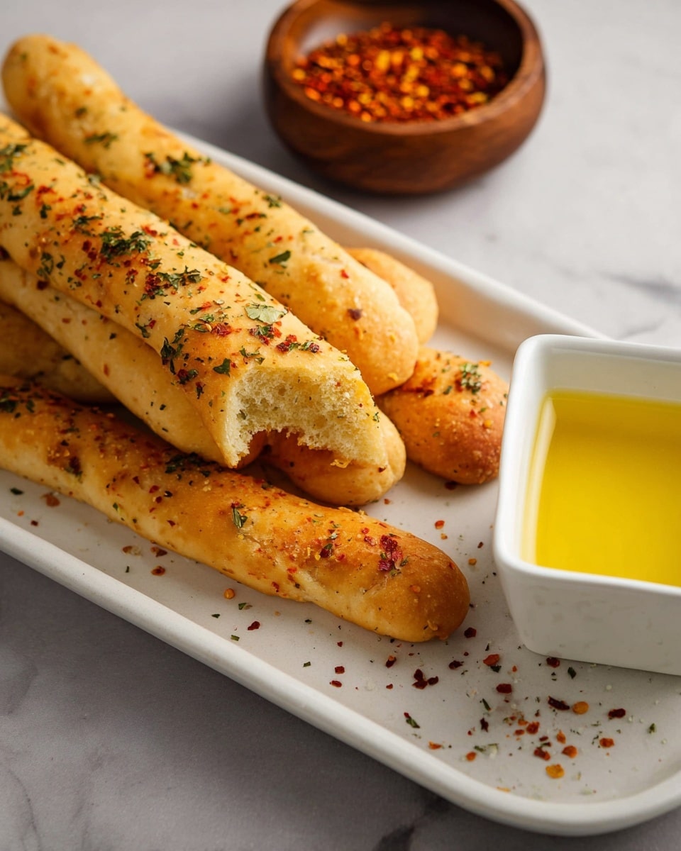 The image shows a close-up of four golden-brown breadsticks with a slightly textured surface, sprinkled with small bits of green herbs and red spices. They are stacked on a large white plate with rounded edges that has some scattered spices on it. In the front, one breadstick is dipped into a small white square bowl filled with melted yellow butter. In the upper background, there is a small round wooden bowl filled with red-orange crushed spices sitting on a white marbled surface. photo taken with an iphone --ar 4:5 --v 7