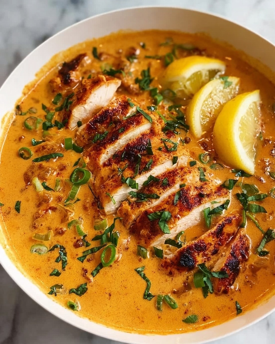 A white bowl filled with a creamy orange sauce that has small pieces of vegetables or spices mixed in. On top, there are several pieces of sliced grilled chicken with a golden brown color and slightly charred edges, arranged in a neat row. Fresh green herbs and thinly sliced green onions are scattered over the chicken and sauce. Two lemon wedges rest on the side of the bowl, adding a touch of yellow contrast. The background is a white marbled surface. Photo taken with an iphone --ar 4:5 --v 7