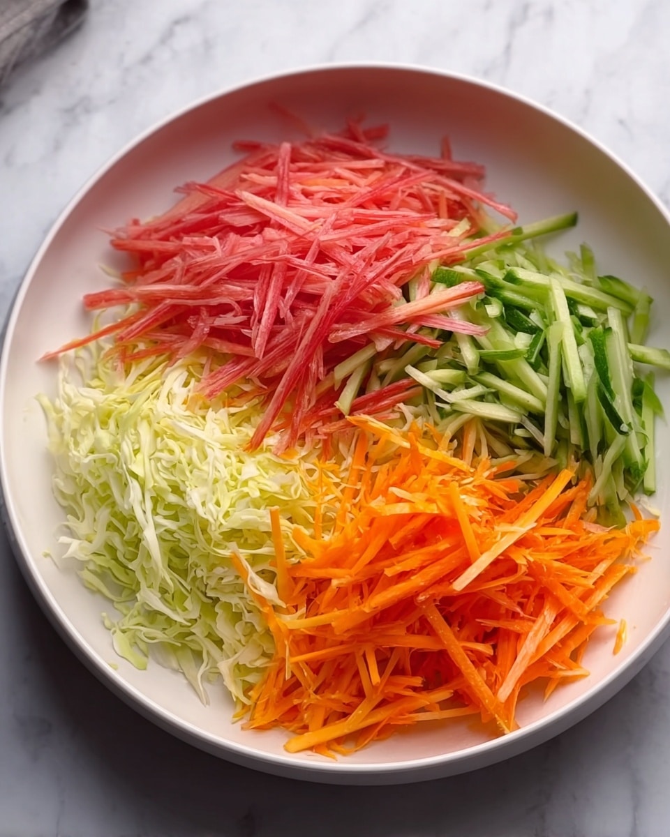 A white bowl filled with four layers of thinly sliced vegetables placed side by side. The top layer is pinkish-red, with thin stick-like pieces, below are vibrant green strips on the right and bright orange strips on the left, with a base layer of light pale green shredded cabbage underneath. The bowl sits on a white marbled surface. photo taken with an iphone --ar 4:5 --v 7
