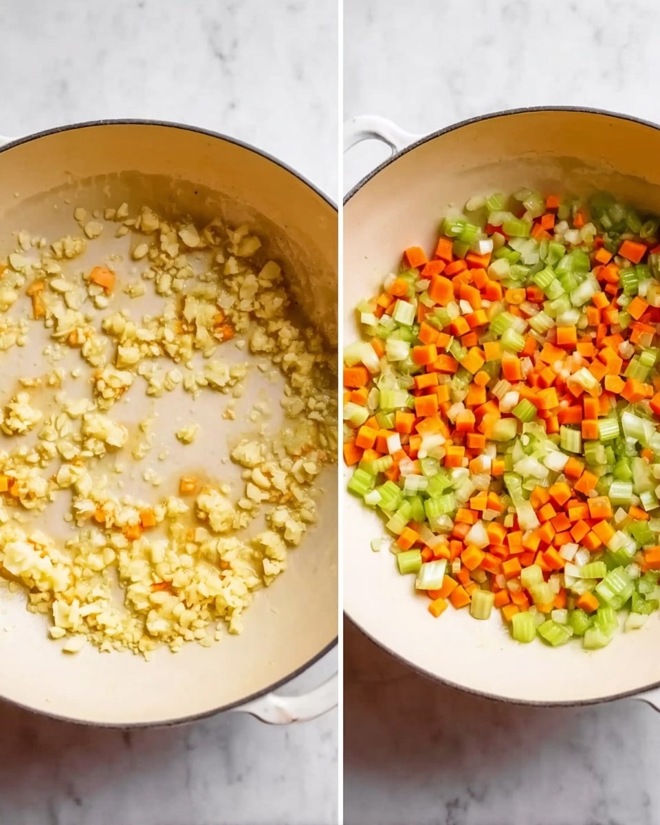 The image shows two white pans with food inside, placed on a white marbled surface. The left pan contains small pieces of cooked light yellow garlic spread evenly across the base, with a slightly oily texture and some browning. The right pan holds a mix of small diced vegetables in three layer-like colors bright orange carrots, pale green celery, and white onion pieces all evenly mixed and cooked lightly, covering the whole pan bottom. Both pans have a soft light yellow inside color that contrasts with the cooked ingredients. photo taken with an iphone --ar 4:5 --v 7