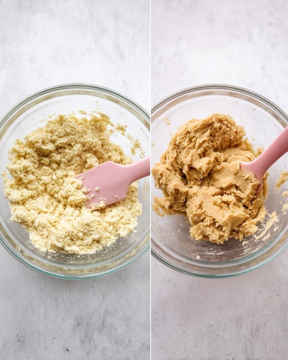 Two clear glass bowls sit side by side on a white marbled surface. The bowl on the left holds a crumbly pale yellow mixture with visible powdery texture, and a pink spatula resting inside. The bowl on the right contains a more compact, light brown dough with a slightly sticky texture, also with a pink spatula partially embedded in it. The difference between the two mixtures shows the transition from dry ingredients to dough form. Photo taken with an iphone --ar 4:5 --v 7
