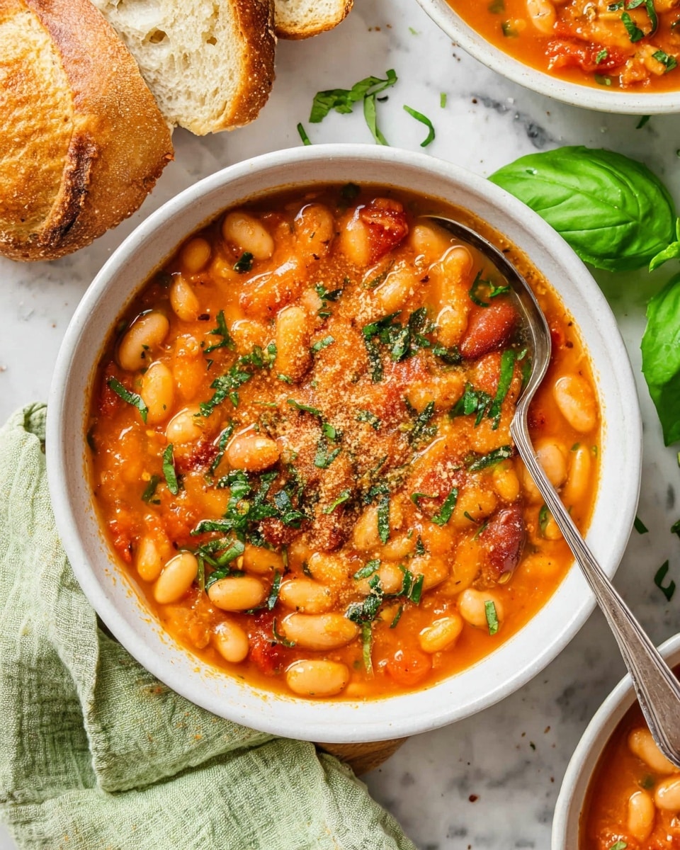 A white bowl filled with thick orange bean soup that has big white and red beans, with visible tomato chunks and green herbs mixed in. The soup is topped with a sprinkle of light brown powder and chopped green herbs. A silver spoon rests inside the bowl on the right side. The bowl is set on a white marbled surface next to bright green basil leaves and light green fabric. On the upper left corner, there are three slices of crusty bread with a golden-brown crust. Another white bowl with the same soup is partially visible in the top right corner. Photo taken with an iphone --ar 4:5 --v 7