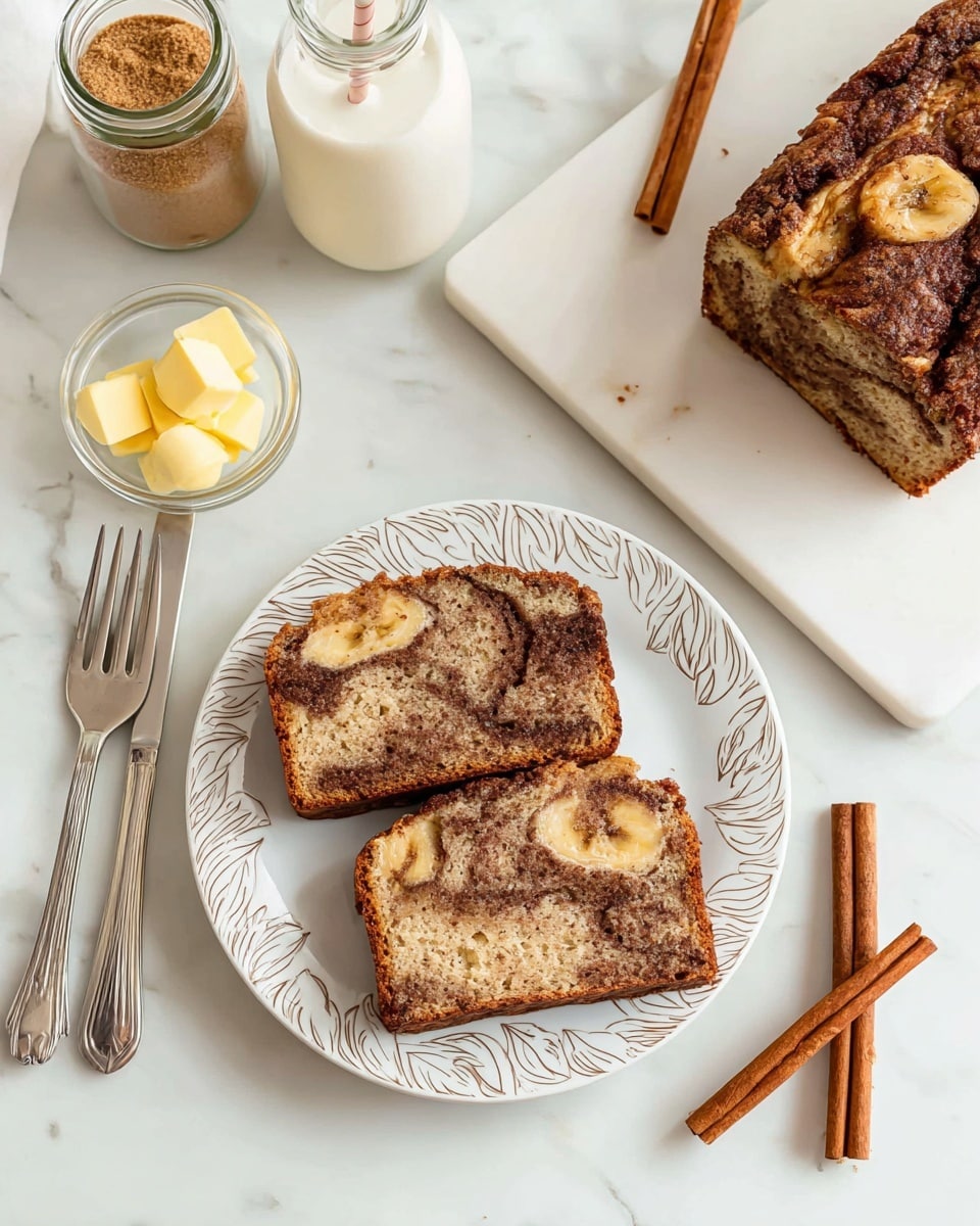 Two slices of cinnamon swirl bread with a light brown base and dark brown swirls lie flat on a white plate with a leaf pattern around the edge. To the top right, a thick loaf of the same bread with a crumbly texture and visible banana slices rests on a white marble board. To the left of the plate, two silver forks cross each other on the white marbled surface. A small glass bowl with three chunks of yellow butter is near the forks. Above the plate, there is a glass jar of cinnamon sugar with a silver lid next to a bottle of milk with two striped straws. On the bottom right corner, three cinnamon sticks lie diagonally on the white marbled surface. photo taken with an iphone --ar 4:5 --v 7