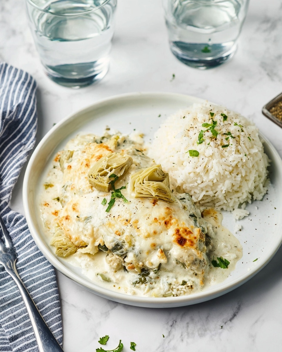 On a white plate, there are two main parts: on the left, a piece of food with a creamy white sauce covered in melted cheese with green herbs and small slices of artichoke on top, slightly browned and textured; on the right, a mound of white rice with small green herb leaves sprinkled over it and some pepper visible; the plate sits on a white marbled surface with a silver fork on the left side and two clear glasses of water in the background, along with a blue and white striped cloth nearby, photo taken with an iphone --ar 4:5 --v 7