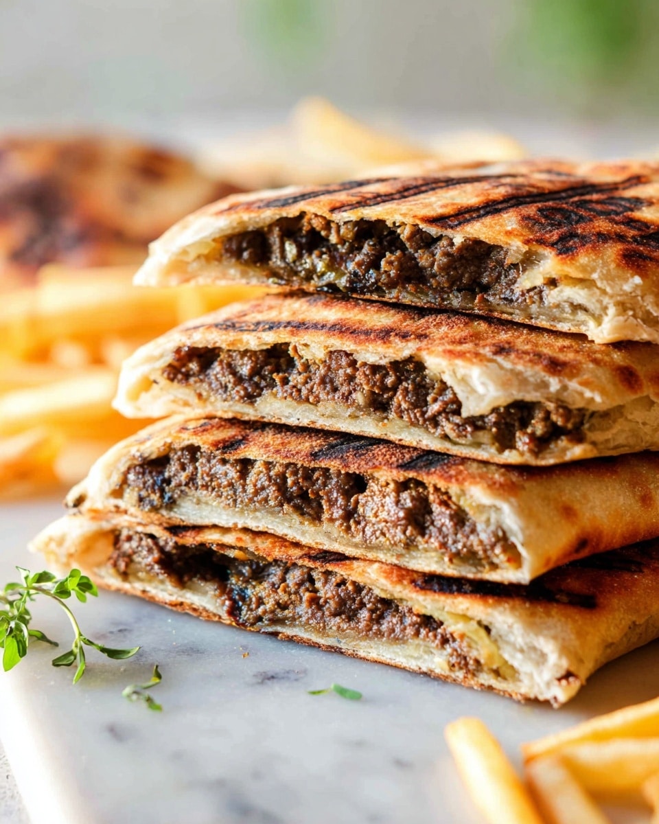 The image shows three layers of grilled meat-filled flatbreads stacked on top of each other, with the top two pieces cut open to reveal the dark brown, finely mixed meat inside. The flatbread has a golden-brown color with visible grill marks and a slightly rough texture, looking crispy on the edges. In the background, there are some light golden French fries, and a small green herb leaf is placed near the bottom edge of the flatbreads. The whole dish sits on a white marbled surface with soft natural light coming from the side, creating a fresh and appetizing atmosphere. photo taken with an iphone --ar 4:5 --v 7