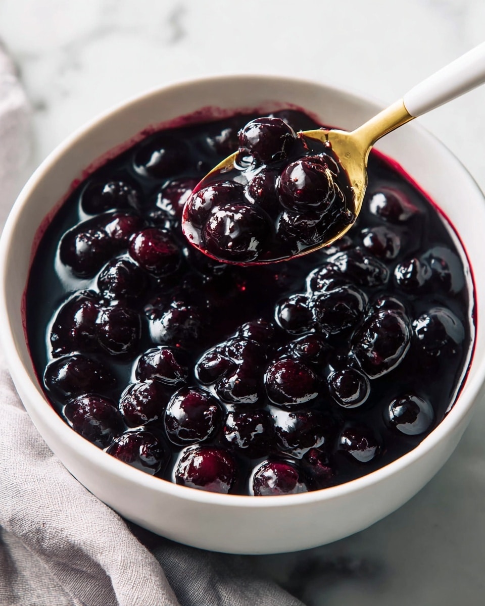 A white bowl filled with dark purple blueberry sauce that has a thick, shiny texture with whole blueberries visible throughout. A gold spoon with a white handle is partially submerged in the sauce, lifting some of the blueberries and the glossy liquid. The bowl is placed on a white marbled surface with a soft gray cloth partially visible near its edge. The sauce has a rich, deep color that contrasts with the white bowl and the marble background. Photo taken with an iphone --ar 4:5 --v 7