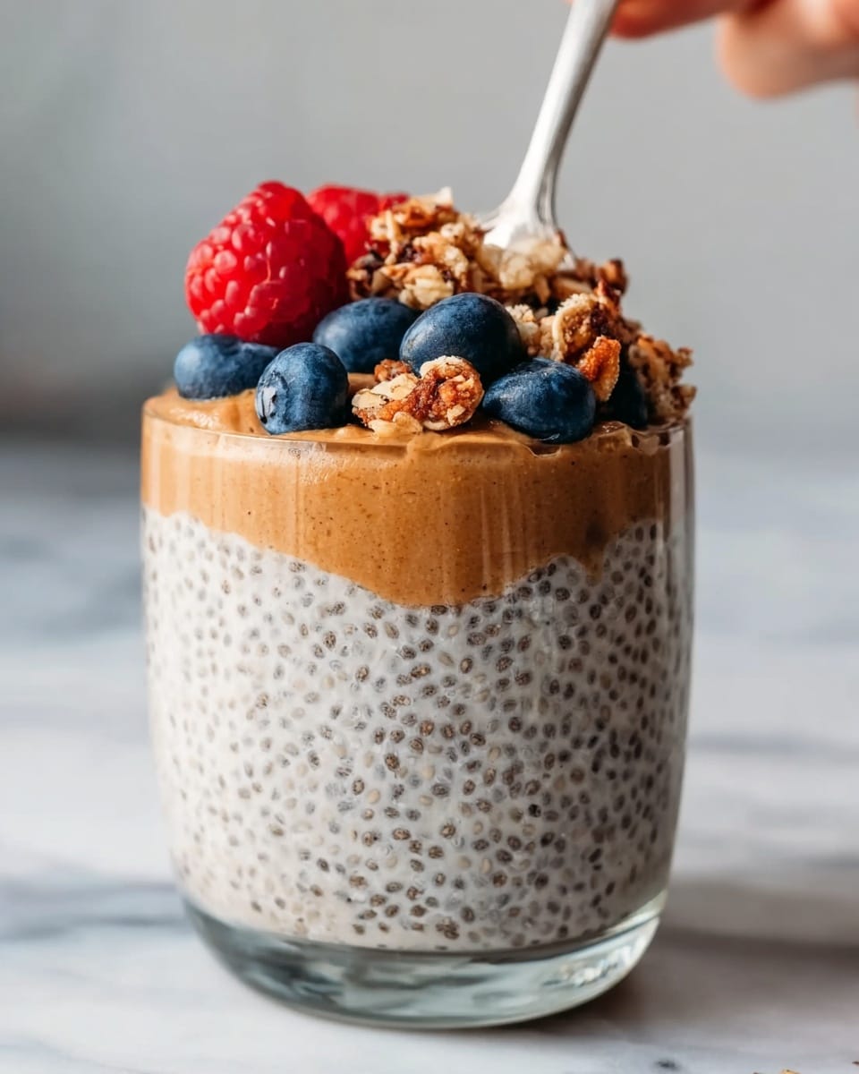 The image shows a clear glass filled with three visible layers of chia pudding. The bottom and top layers are creamy and light gray with tiny chia seeds spread throughout. The middle layer is thick, smooth, and brown, resembling almond or peanut butter. On top of the chia pudding, there are fresh blueberries and large red raspberries, along with crunchy granola pieces scattered around. A silver spoon is inserted into the pudding, held by a woman's hand from above. The glass is placed on a white marbled surface. photo taken with an iphone --ar 4:5 --v 7