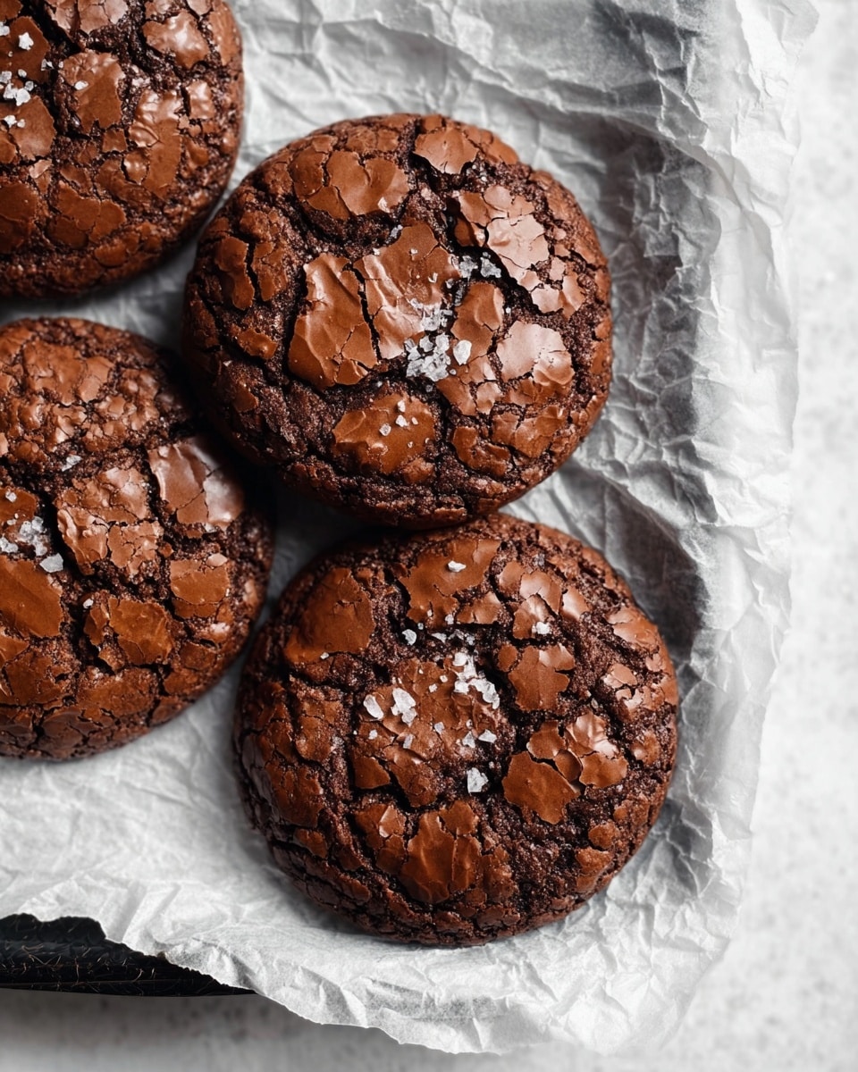 The image shows four round chocolate cookies with cracked surfaces, revealing a rich dark brown color with a slightly shiny and textured top. Some coarse salt crystals are scattered on the top of the cookies, adding a touch of white contrast. The cookies rest on crumpled white parchment paper, which lies on a black metal tray. The whole setup is placed on a white marbled surface. The photo has a close-up view that highlights the detailed cracks and texture of the cookies photo taken with an iphone --ar 4:5 --v 7