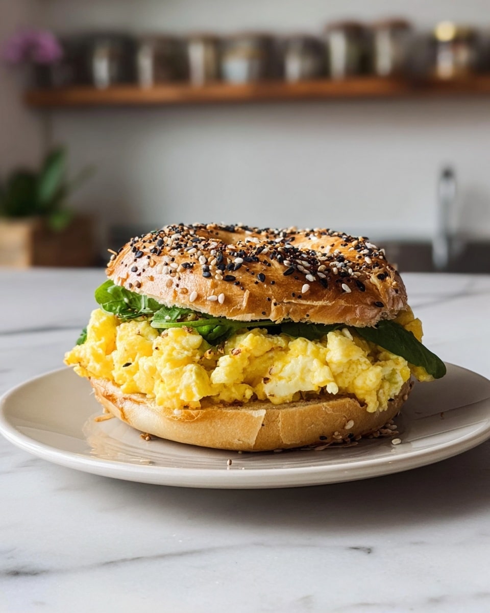 A sandwich sits on a white plate, placed on a white marbled surface. It has three main layers: the bottom layer is a toasted, golden-brown bagel topped with black and white sesame seeds; above that is a layer of fresh green leafy vegetables; next is a thick, fluffy layer of yellow scrambled eggs, soft and slightly glossy; topped with the matching bagel half sprinkled with the same seed mix. The background is softly blurred kitchen shelves. photo taken with an iphone --ar 4:5 --v 7