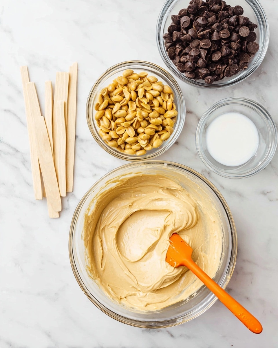 A top-down view of four clear glass bowls on a white marbled surface, each containing different ingredients: the largest bowl at the bottom holds a smooth, creamy, pale beige batter with an orange spatula resting inside it; above it, slightly to the left, is a smaller bowl filled with golden roasted peanuts; to the right of the peanuts is a bowl with white coconut oil, showing a slightly solid texture; and in the top right corner is a bowl full of dark chocolate chips, almost spilling slightly over the edge; to the left of all bowls are several light wooden sticks arranged neatly. photo taken with an iphone --ar 4:5 --v 7