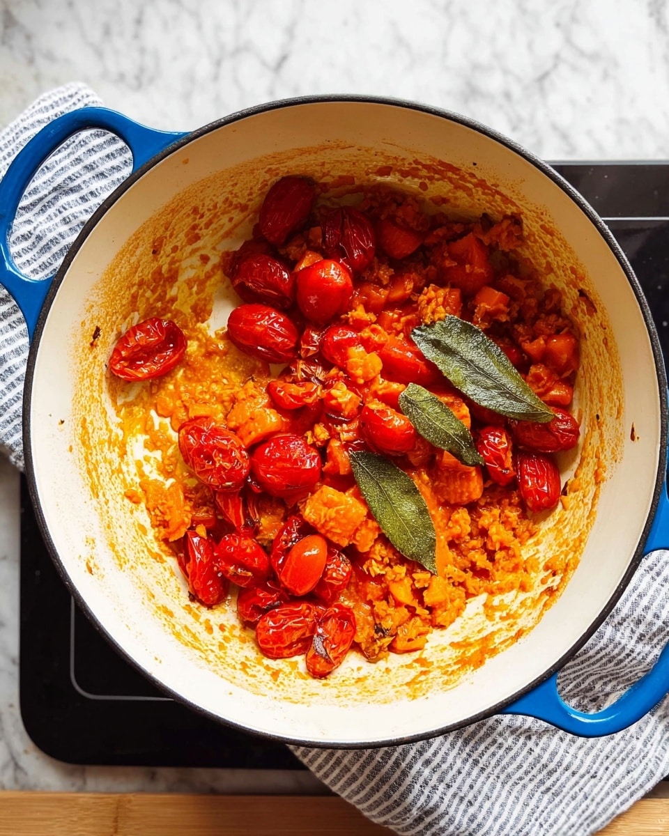 Inside a large white pot with blue handles, there is a small amount of cooked food spread out unevenly, showing two main layers. The bottom layer is light orange sauce that is smeared around the pot's surface with a glossy texture. Above it, there are bright red cherry tomatoes and orange carrot pieces mixed together, with two dark green bay leaves placed on the right side. The pot sits on a black cooking surface, and beside it is a white and navy striped cloth on a white marbled surface. photo taken with an iphone --ar 4:5 --v 7