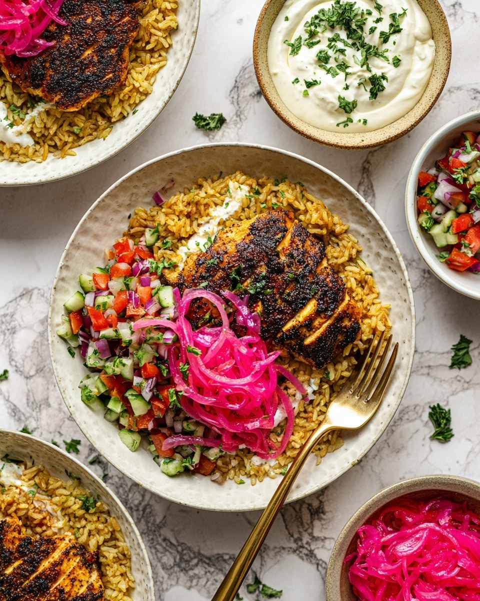 The dish is served in a white bowl with three main layers: the bottom layer is a bed of golden brown seasoned rice with visible grains, the middle layer is a piece of grilled chicken with a dark, charred crust and slightly crispy texture, and the top layer consists of bright pink pickled onion strips artfully placed over the chicken. On one side of the bowl, there is a colorful mix of small diced vegetables including red, green, and purple pieces resembling a fresh salsa or salad. Next to this, a dollop of creamy white sauce with green herbs is placed. The bowl sits on a white marbled surface, with scattered green herbs adding extra color, and a gold fork resting inside the bowl near the chicken. Surrounding the main bowl are smaller white bowls containing more of the pink pickled onions, the diced vegetable mix, and the creamy herb sauce, all on the same white marbled background. photo taken with an iphone --ar 4:5 --v 7