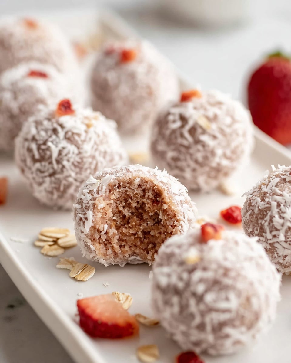 The image shows round dessert balls arranged on a white rectangular plate sitting on a white marbled surface. Each ball is coated in white shredded coconut, giving them a fluffy, textured look. One ball near the front has a bite taken out, revealing a dense, slightly crumbly brown interior. Small, bright red strawberry pieces and scattered oat flakes decorate the plate between the balls, adding pops of color and texture contrast. The lighting is soft, highlighting the fine details of the coconut coating and the strawberry pieces. photo taken with an iphone --ar 4:5 --v 7