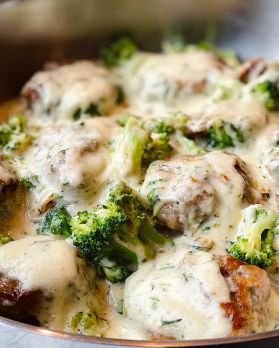 A close-up view of a skillet filled with several pieces of lightly browned cooked chicken, bright green broccoli florets, all covered in a thick, creamy white sauce that looks smooth and rich. A woman's hand with colorful yellow and red-striped nail art holds a wooden spoon lifting a portion of this cheesy mixture, showing the texture of the creamy sauce blending with the chicken and vegetables. The pan is silver and set against a soft white marbled background, emphasizing the warm, hearty nature of the dish. Photo taken with an iphone --ar 4:5 --v 7