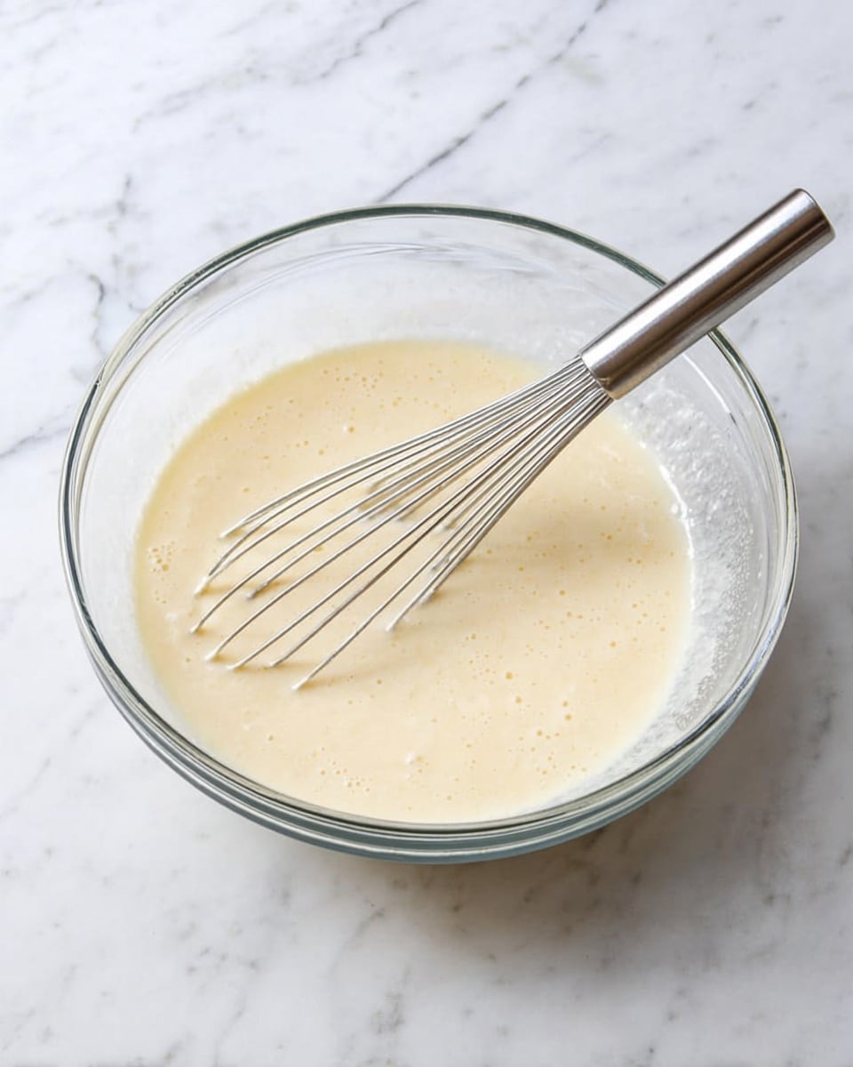 A clear glass bowl filled with pale yellow batter that looks smooth and creamy, with some small bubbles on the surface. A silver metal whisk with multiple thin wires rests inside the bowl, its handle positioned toward the upper right side. The bowl sits on a white marbled surface that has soft grey veins running through it, giving a clean and bright background. photo taken with an iphone --ar 4:5 --v 7