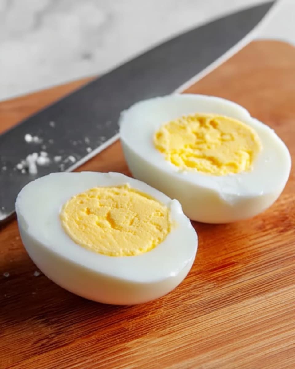 The image shows two halves of a hard-boiled egg placed on a wooden surface. Each half has a smooth white outer egg white layer with a yellow, slightly crumbly yolk in the center. Behind the eggs is a knife with small bits of egg residue on its blade, resting flat on the wooden surface. The background is a clean white marbled texture. photo taken with an iphone --ar 4:5 --v 7