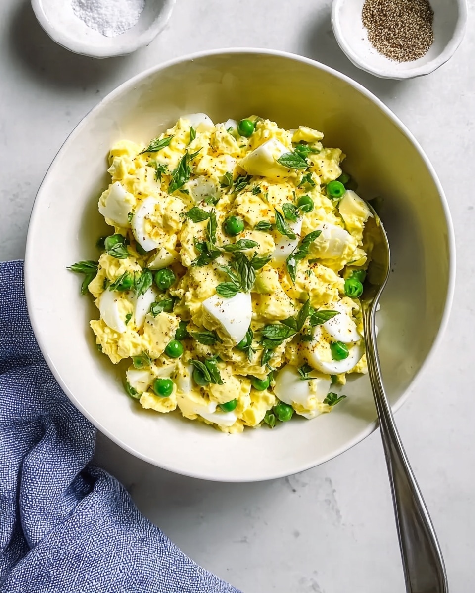 The dish is a white bowl filled with roughly chopped yellow egg salad mixed with whole green peas and small pieces of fresh green herbs scattered on top. The egg salad layers have a creamy texture with bits of white egg whites visible, and the herbs add fresh green color contrasts. A metal spoon rests inside the bowl, positioned diagonally from the top right edge into the salad. The bowl sits on a white marbled surface with a small white bowl of seasoning nearby and a blue and white cloth partially visible on the left side. Photo taken with an iphone --ar 4:5 --v 7