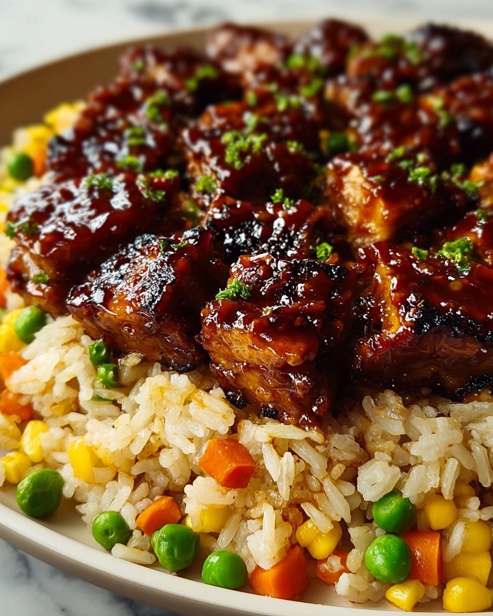 The dish shows one layer of cooked rice mixed with small pieces of green peas, orange carrots, and yellow corn, forming the base. On top of the rice is a layer of grilled meat pieces with a shiny, dark brown glaze that looks sticky and caramelized, with some charred edges. The meat pieces are arranged closely together in a circular pattern. The whole dish is placed on a white plate on a white marbled surface. The lighting shows the glossiness of the meat and the texture of the rice clearly. Photo taken with an iphone --ar 4:5 --v 7