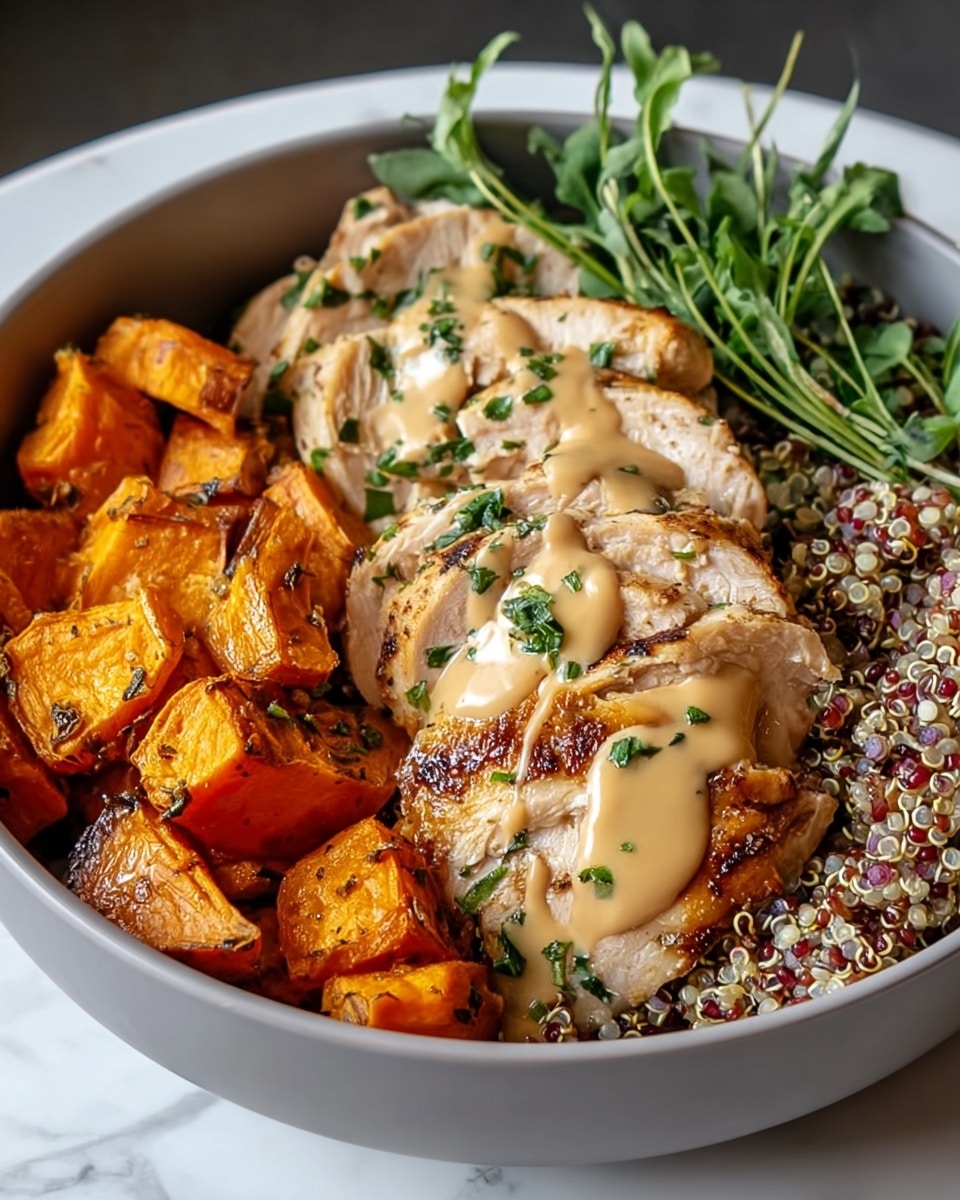 A white bowl filled with three main layers is shown on a white marbled surface. The bottom layer consists of roasted orange sweet potato chunks, positioned on the left side of the bowl. On the right side, there is a layer of cooked quinoa with light beige, red, and purple grains. The top layer features sliced grilled chicken breast placed in the center, covered with a creamy beige sauce drizzled with green herb pieces. Fresh green herb sprigs are arranged on the back of the bowl adding a pop of color. Photo taken with an iphone --ar 4:5 --v 7