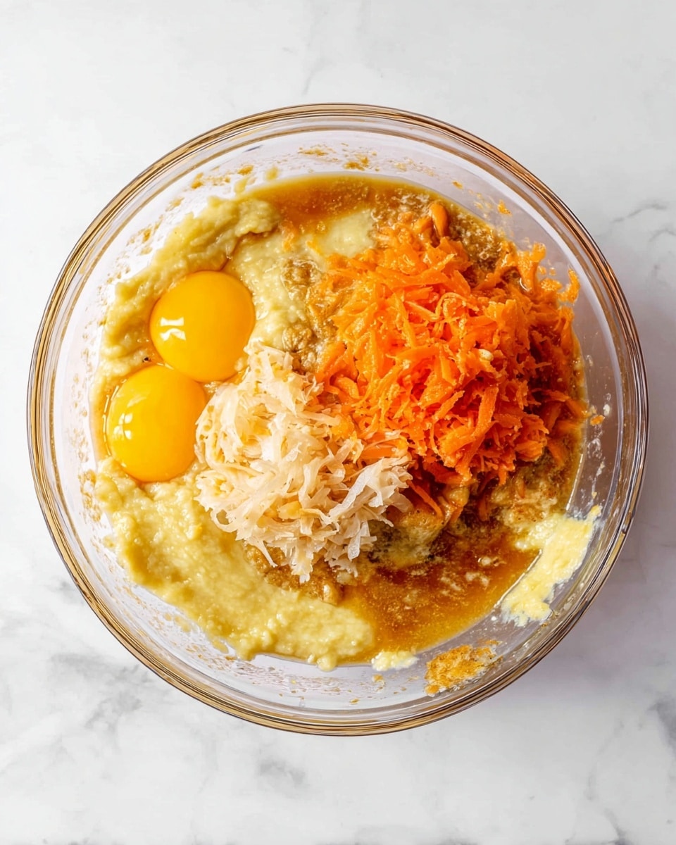 A clear glass bowl sits on a white marbled surface filled with several layers of ingredients before mixing. In the bowl, there is a layer of light yellow mashed bananas spread around the base. On top of the bananas, there are two raw eggs with bright yellow yolks, one positioned near the left center and the other near the right edge of the bowl. Next to the eggs are two piles of grated vegetables: one is pale off-white, shredded finely and placed on the left, and the other is a bright orange heap of shredded carrot sitting slightly to the right and overlapping the bananas. Around the edges of the bowl, you can see a light brown liquid that looks like a mix of wet ingredients. The whole scene is brightly lit, showing clear details. photo taken with an iphone --ar 4:5 --v 7