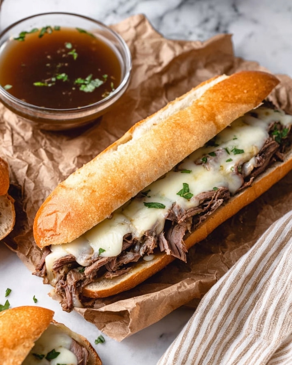 The image shows a long white sandwich roll filled with several layers of thin, brown cooked meat topped with melted white cheese, sprinkled with small green herb pieces. The sandwich is placed on crumpled brown paper with a white marbled surface underneath. Near the sandwich, there is a small clear round bowl filled with thin brown broth with green herbs floating on top. Another sandwich is partially visible in the lower left corner, and a beige cloth with stripes is in the background. Photo taken with an iphone --ar 4:5 --v 7