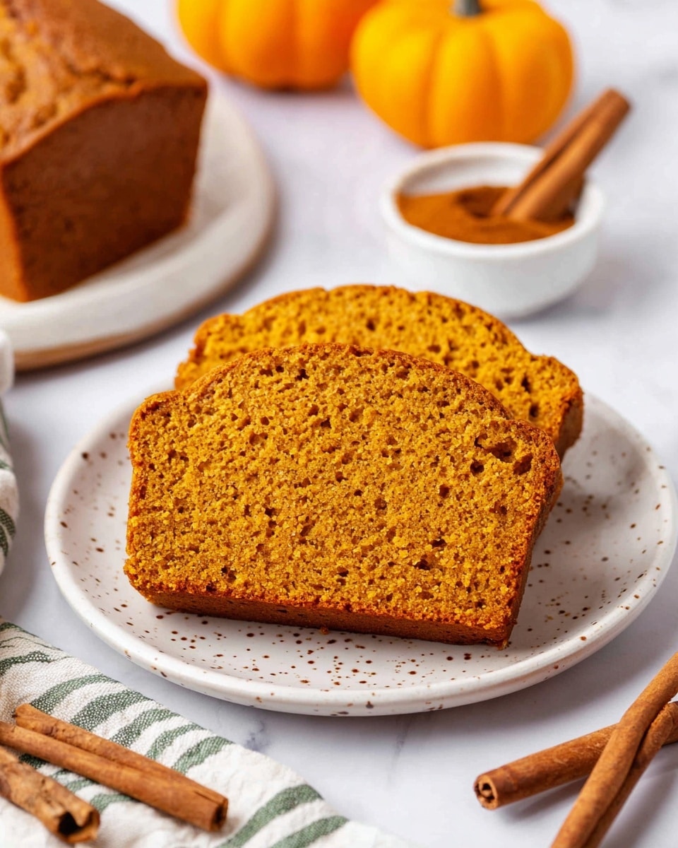Two slices of orange-brown pumpkin bread with a soft, porous texture are placed side by side on a white plate with small brown speckles, set on a white marbled surface. In the background, there is a small white bowl with cinnamon powder and two cinnamon sticks inside it, along with two small orange pumpkins. A striped cloth with white, green, and brown colors is partially visible on the bottom left, and two cinnamon sticks lie on the marbled surface on the bottom right. Photo taken with an iphone --ar 4:5 --v 7