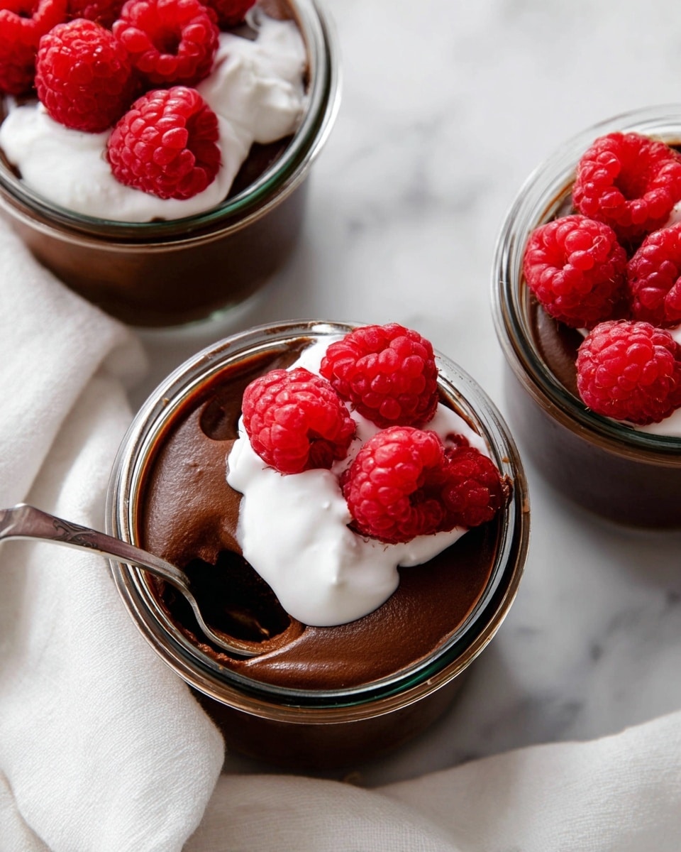 The image shows three small glass jars filled with smooth, dark brown chocolate mousse. Each jar is topped with bright red raspberries placed on the edges and a dollop of white cream slightly blending into the mousse. In the center jar, a spoon is placed inside, partially covered with the chocolate mousse and cream. All jars are set on a white marbled surface with a white cloth nearby. The colors are rich and vibrant, with the dark brown mousse contrasting with the red raspberries and white cream. photo taken with an iphone --ar 4:5 --v 7