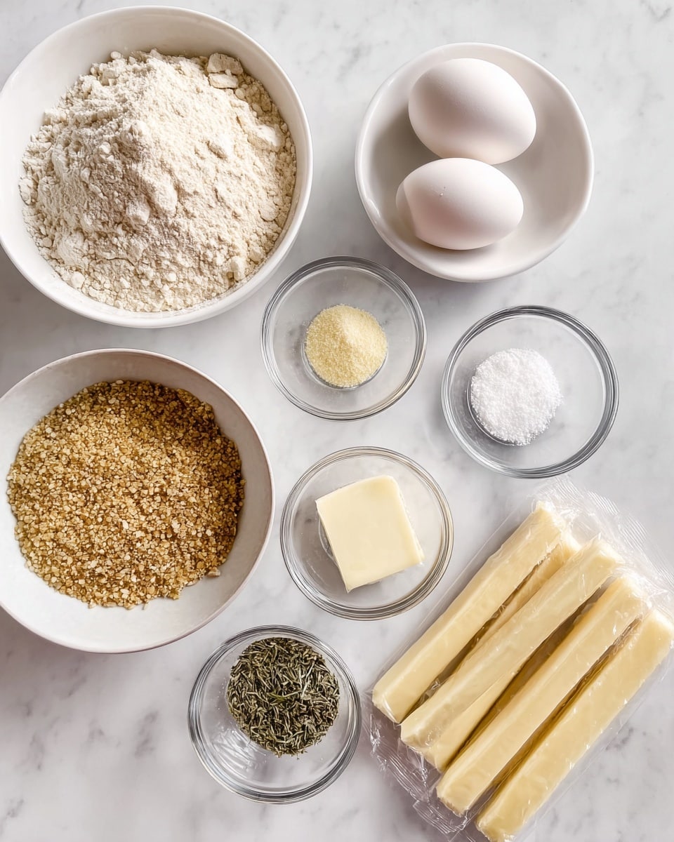 The image shows several white bowls and small clear glass bowls arranged on a white marbled surface. There is a large white bowl filled with light beige flour on the top left, and below it, another white bowl contains coarse golden breadcrumbs. In the center, a white bowl holds two white eggs. On the top right side, there are three small clear glass bowls arranged in a loose triangle, each with a different seasoning: one has a pale yellow powder, another is filled with white salt, and the third contains dried green herbs. Below these small bowls is another clear bowl with dark ground pepper. To the right of all the bowls, five sticks of pale yellow cheese are individually wrapped in plastic and laid side by side. photo taken with an iphone --ar 4:5 --v 7