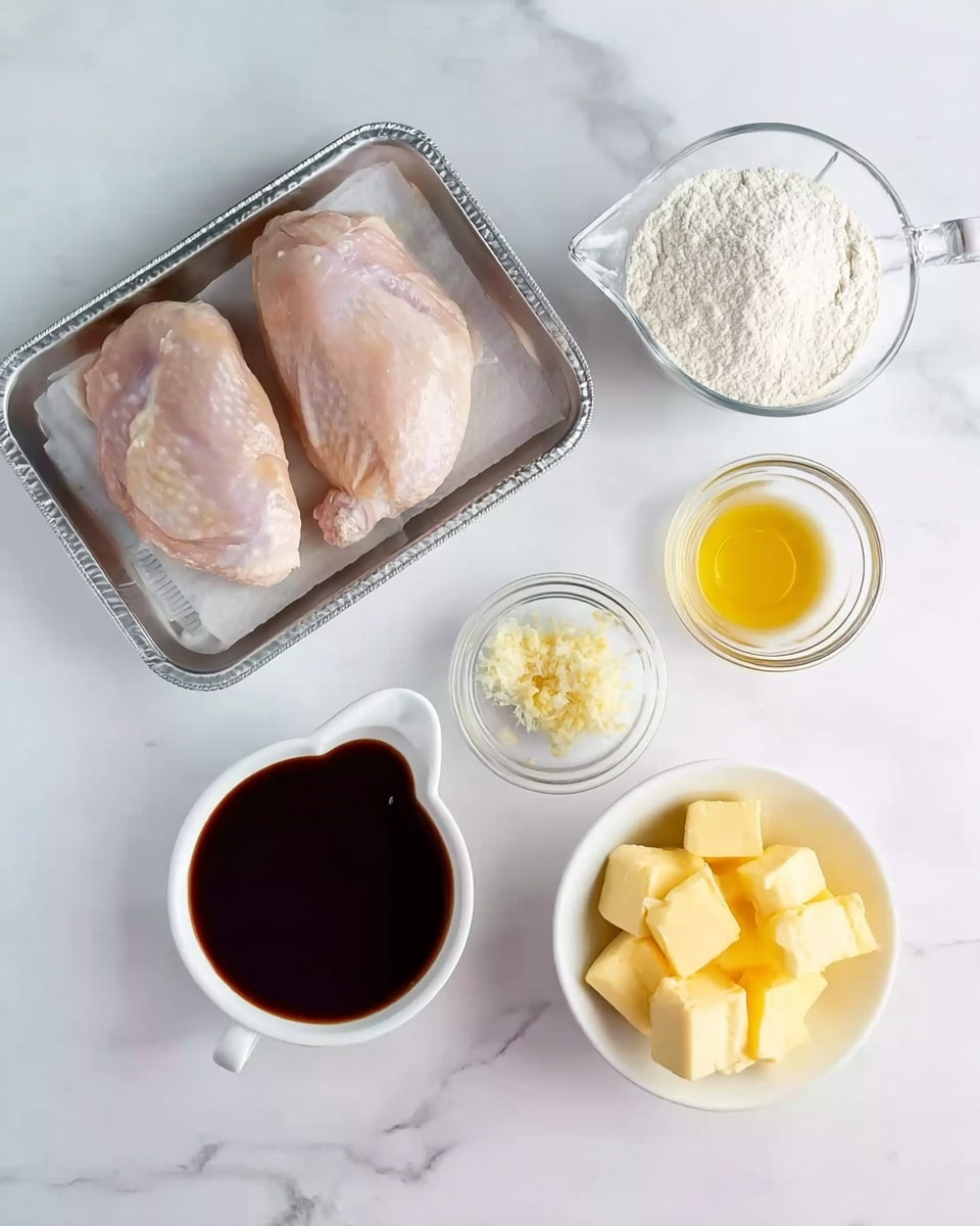 The image shows a white marbled surface with six cooking ingredients neatly placed on it. On the left side, there is a silver tray holding two raw chicken pieces with a light pink color. Above the tray is a white measuring cup filled with white flour. To the right of the tray, three small clear bowls hold different ingredients: minced garlic with a pale yellow color, light yellow liquid oil, and dark reddish-brown soy sauce. Below these, a white measuring cup contains a thick dark brown sauce, and next to it is a white bowl filled with bright yellow butter cubes. The setup is clean and organized, ready for cooking. photo taken with an iphone --ar 4:5 --v 7