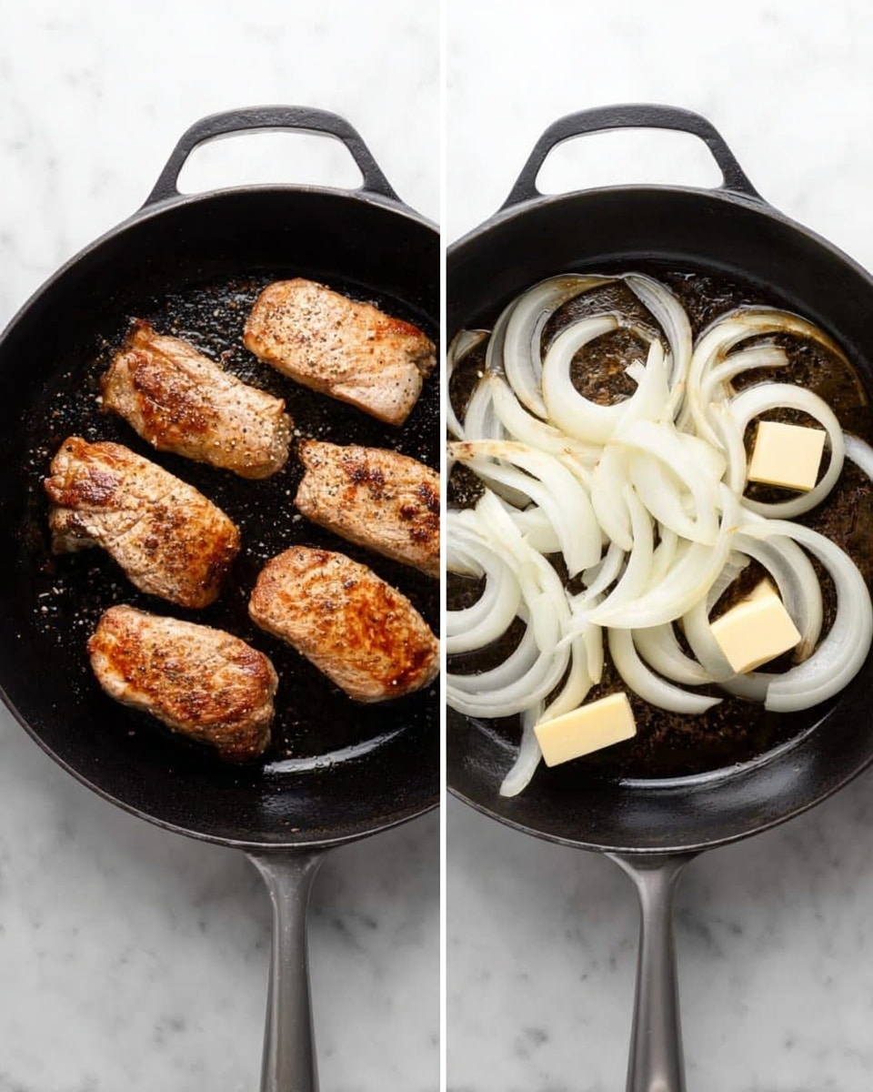 The image shows two side-by-side views of a black cast iron pan on a white marbled surface. On the left side, there are four pieces of browned cooked meat, placed evenly to cover the pan's base, each piece having a golden-brown color with light seasoning visible on the surface. On the right side, the pan contains rings of sliced white onions spread out with two small cubes of pale yellow butter melting nearby, all resting on the black pan surface which has some brown cooking marks. photo taken with an iphone --ar 4:5 --v 7