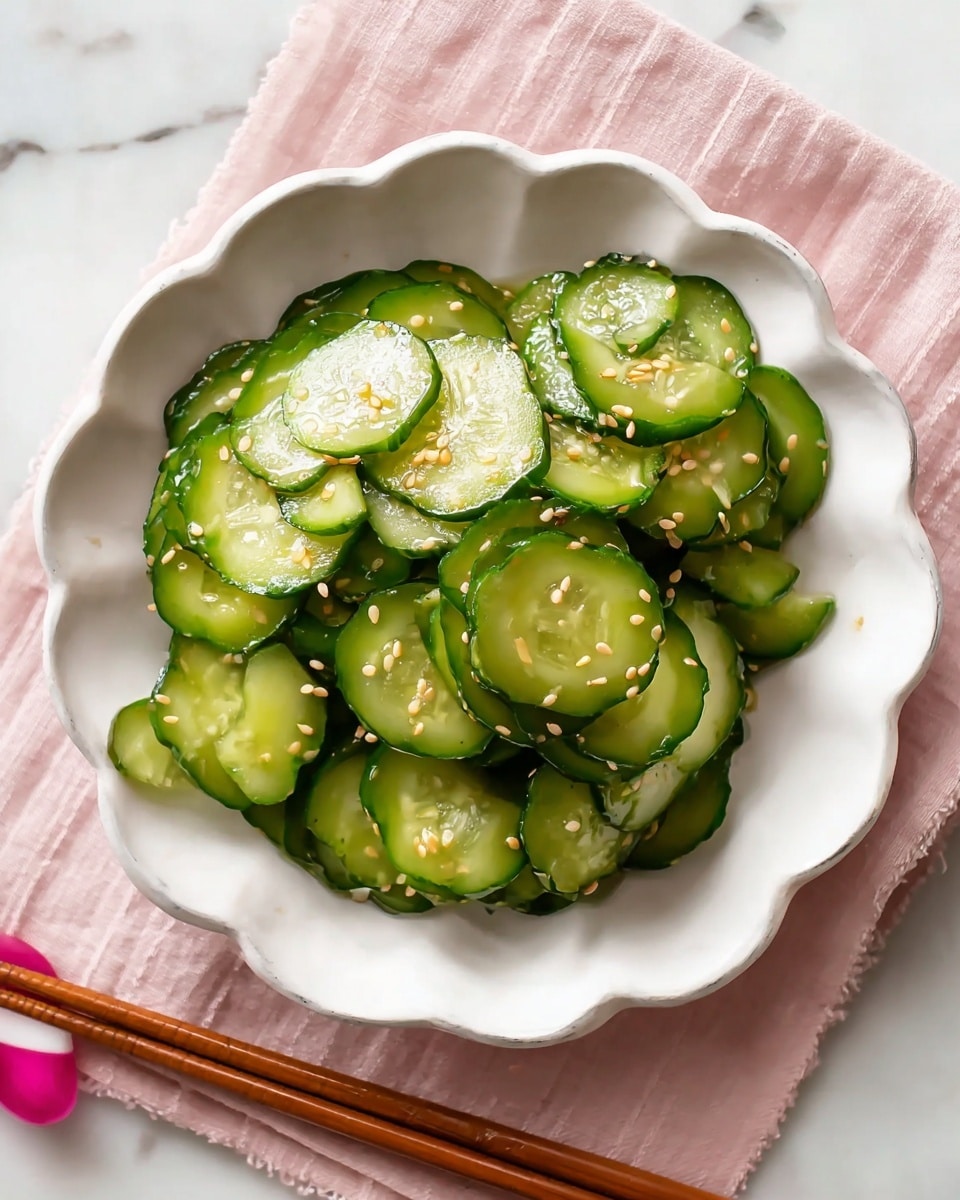 A white scalloped bowl filled with a single layer of thin, green cucumber slices that have darker green edges and a shiny, wet texture. The cucumber slices are scattered with small, light brown sesame seeds. The bowl rests on a soft pink cloth with a pair of brown chopsticks with pink tips lying next to it. The setting is on a white marbled surface. photo taken with an iphone --ar 4:5 --v 7